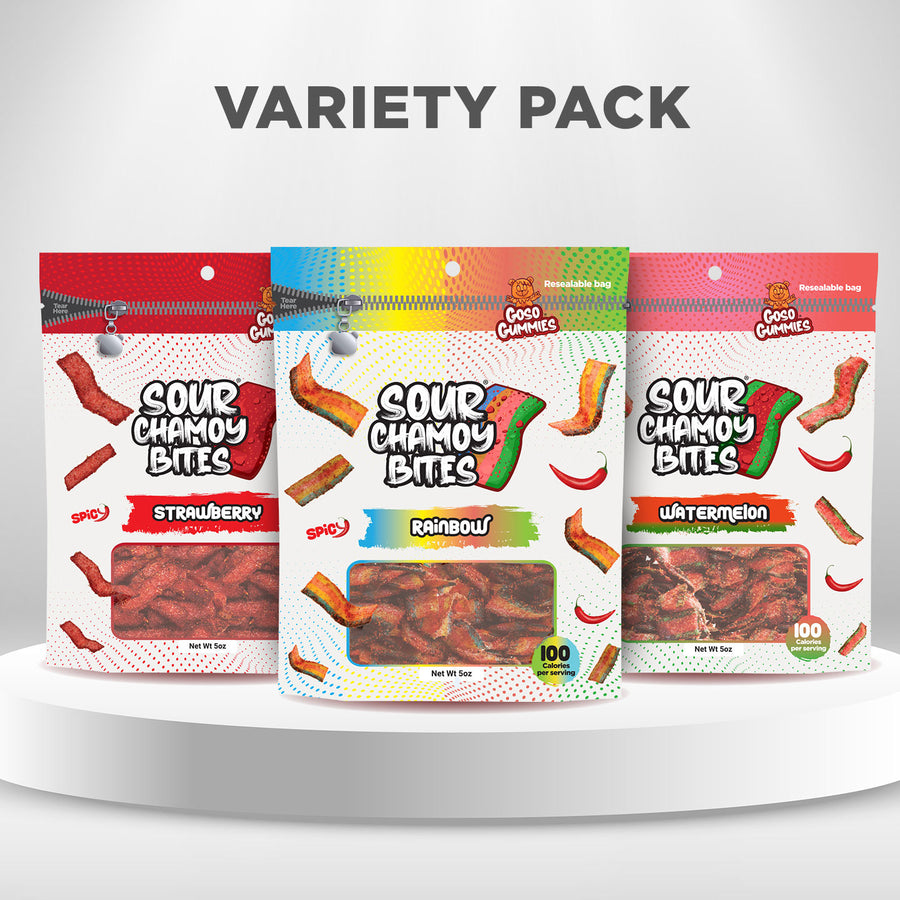 Sour Chamoy Bites Variety Pack 15oz | Watermelon, Rainbow & Strawberry Sour Candy | 3 Pack