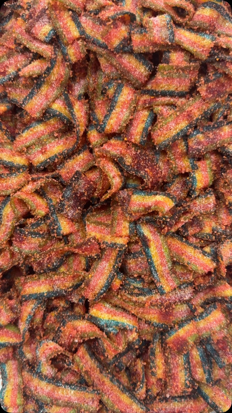 A close look at colorful chamoy-coated candy bites