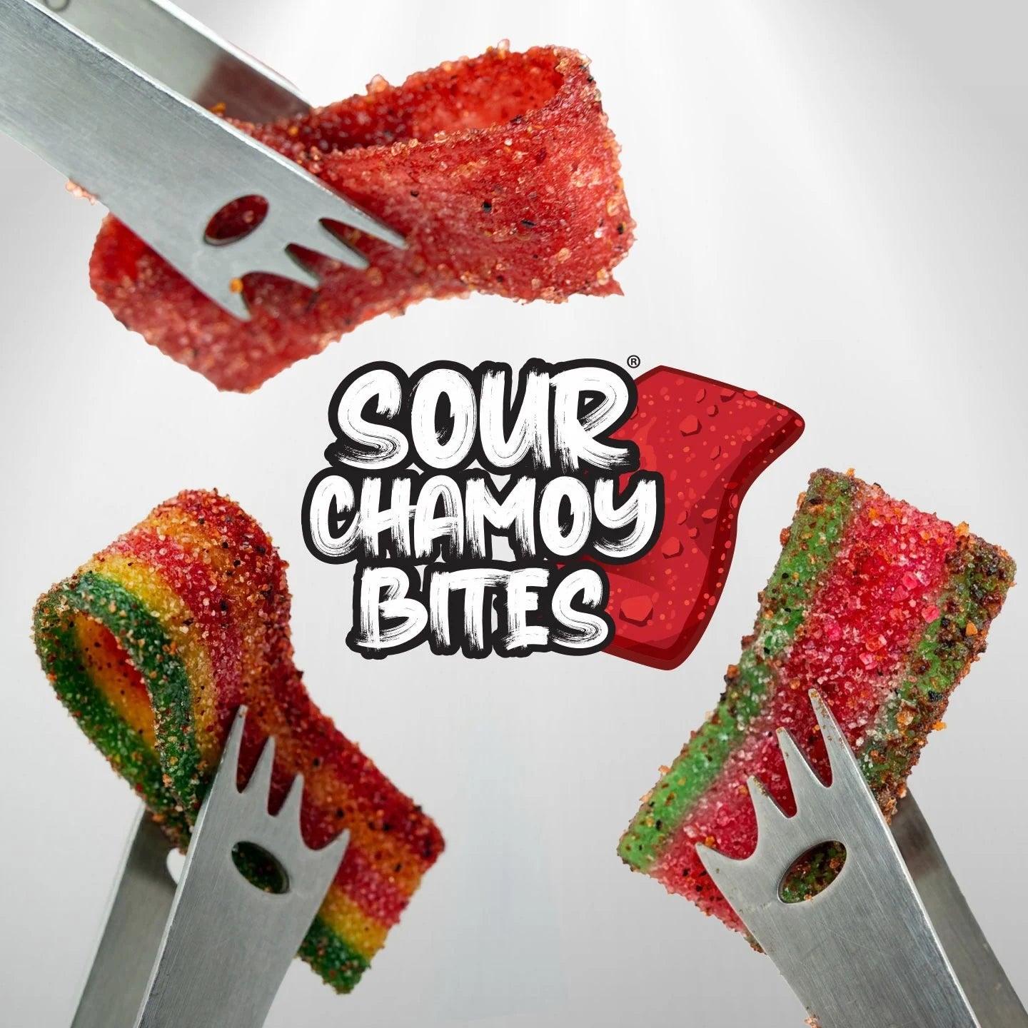 Sour Chamoy Bites candy in Strawberry, Watermelon, and Rainbow flavors